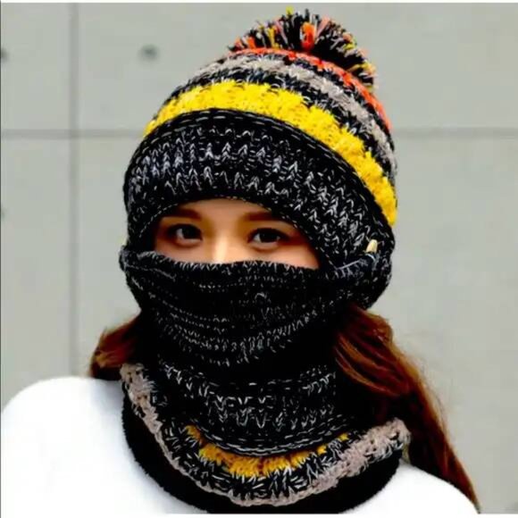 Black Winter Hat + Face Mask + Scarf